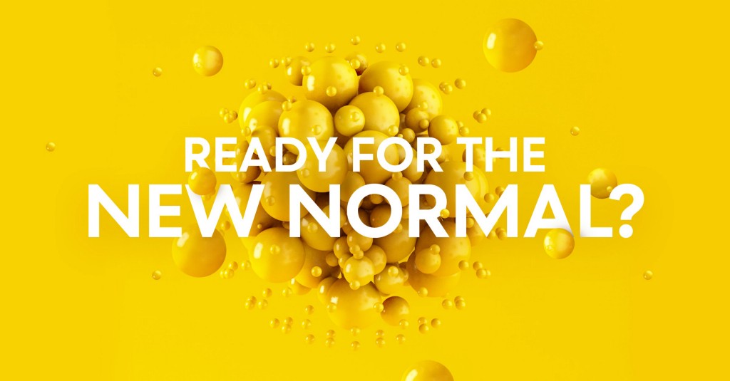 Illustration of bubbles with typography saying ready for the new normal?